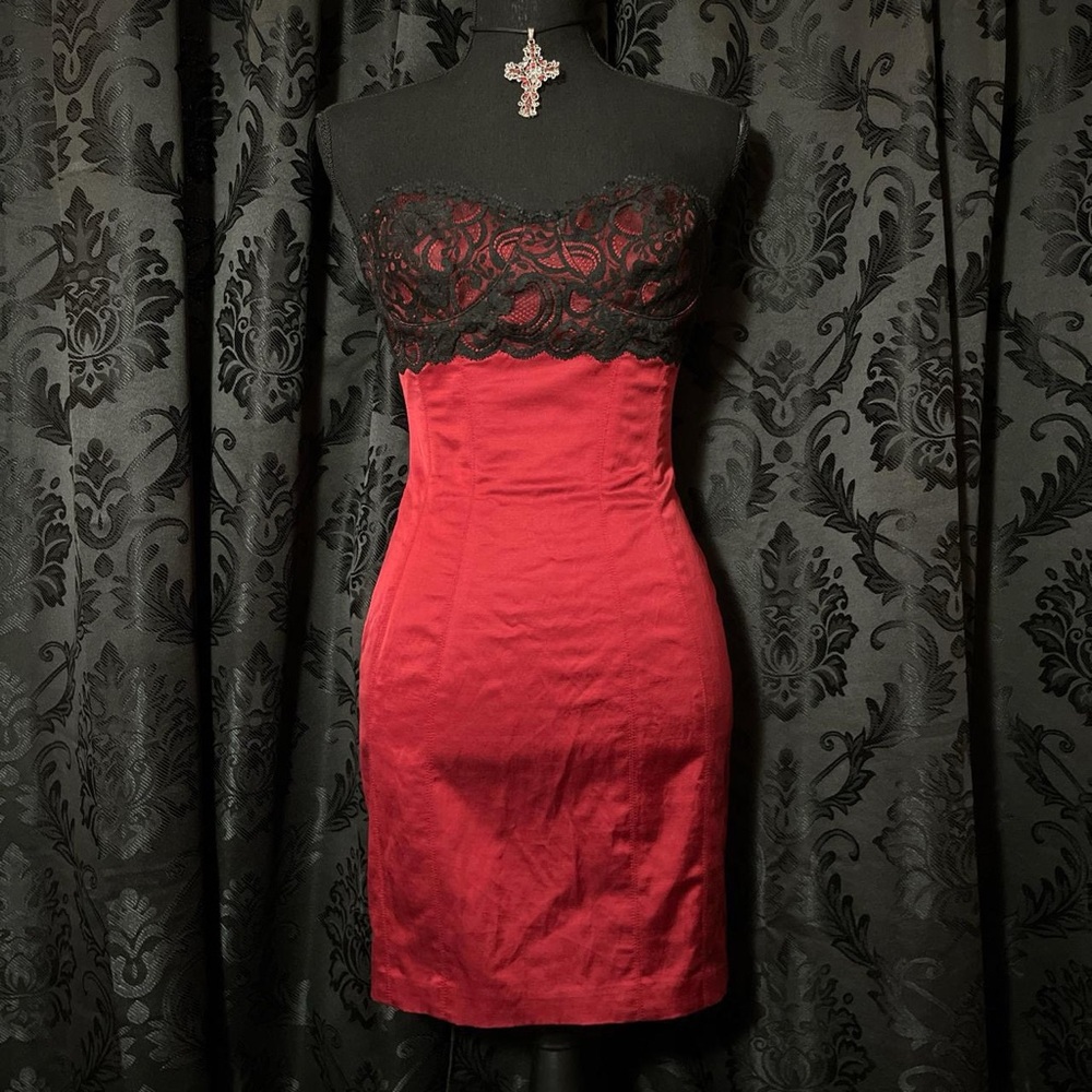 bebe Strapless Red Dress with Black Lace